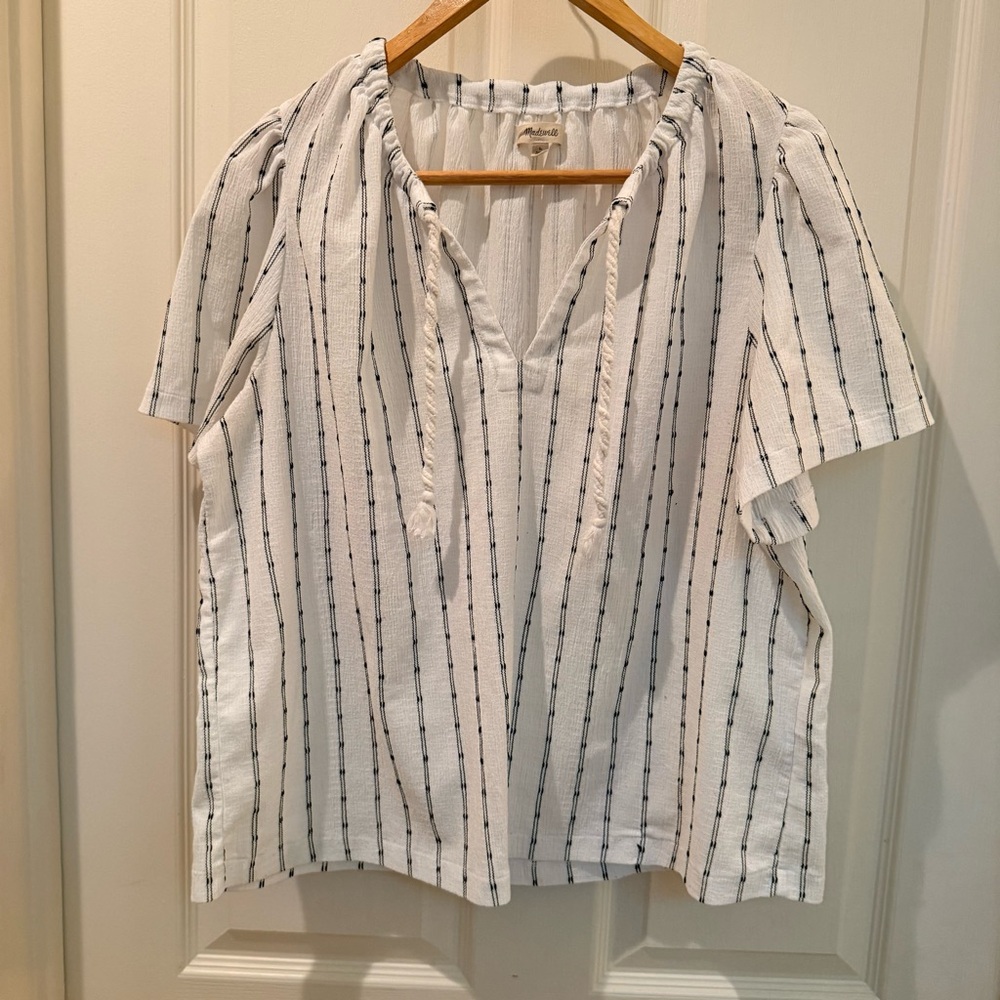 Madewell White and Black Tied Neck Tunic top with puff sleeves and rope accents